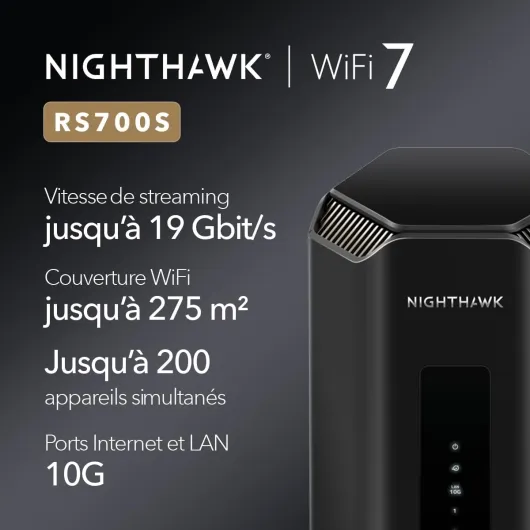 Netgear Nighthawk Routeur WiFi 7 tri-Bande (RS700S) - Fonctions de sécurité, Vitesse BE19000 (jusqu'à 19 Gbit/s) - Port Internet 10 Gbit/s - Couvre 275 m2, 200 périphériques - 1 an Armor Inclus Ultimate