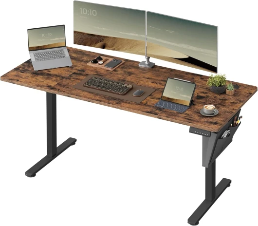 Bureau Électrique Réglable en Hauteur, 160 x 70 cm, Table Assis-Debout, Fonction Mémoire 4 Hauteurs, pour Bureau, Télétravail, Marron Rustique LSD136K01 160 x 70 cm Marron Rustique