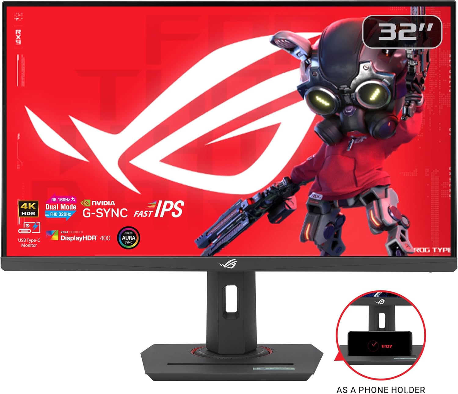 Moniteur de Jeu ROG Strix 32" 4K HDR (XG32UCG) - 3840 x 2160, Double Mode (4K 160 Hz/FHD 320 Hz), 0,3 ms, IPS Rapide, synchronisation de Flou extrême Faible Mouvement, USB-C, Compatible G-Sync