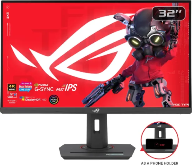 Moniteur de Jeu ROG Strix 32" 4K HDR (XG32UCG) - 3840 x 2160, Double Mode (4K 160 Hz/FHD 320 Hz), 0,3 ms, IPS Rapide, synchronisation de Flou extrême Faible Mouvement, USB-C, Compatible G-Sync
