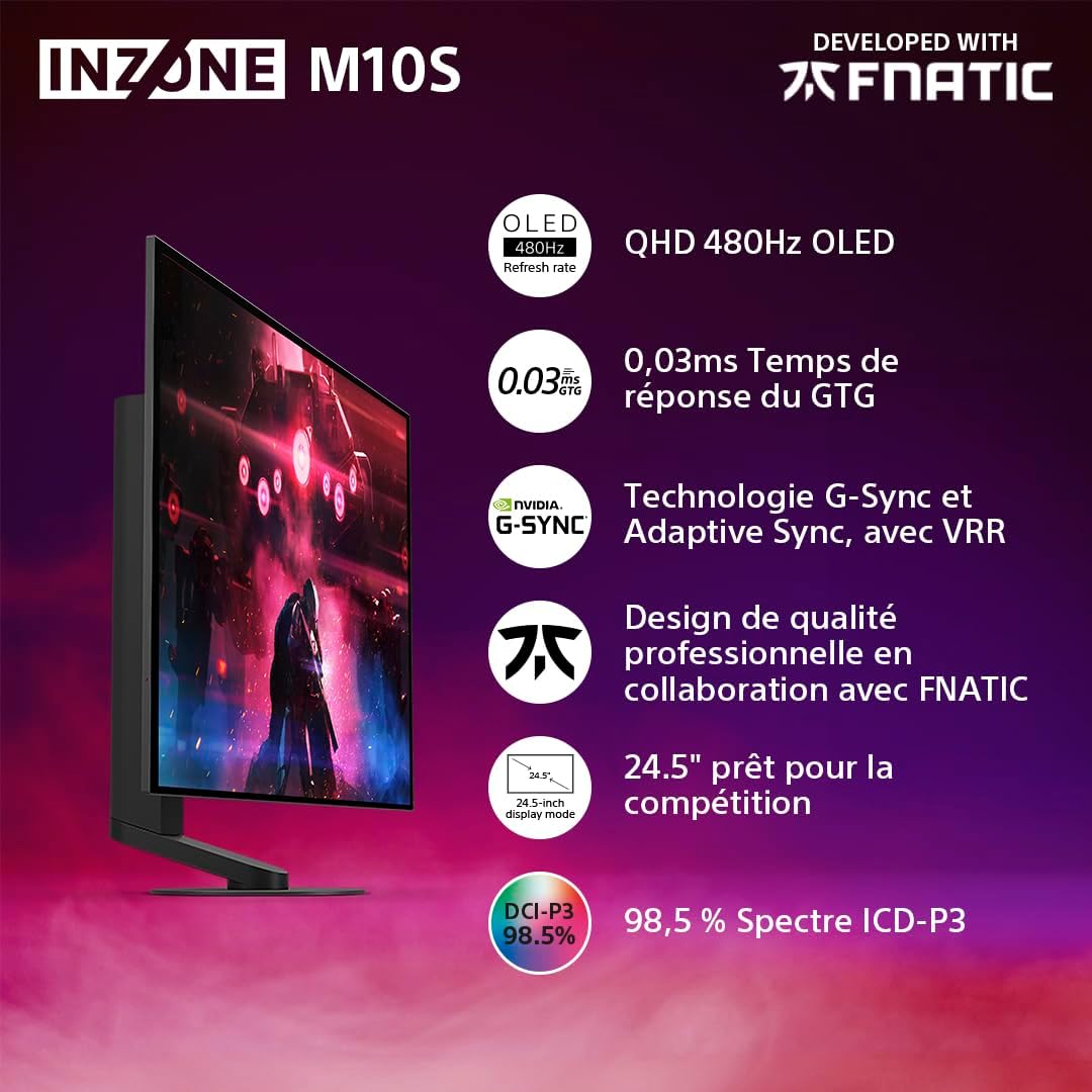 INZONE M10S Moniteur de Jeu OLED QHD 27" : 1440p, 480Hz, 0.03ms GTG, DCI-P3 98,5%, G-Sync, Adaptive Sync, VRR, modèle co-développé avec Fnatic, 1300 nits, DisplayPort 2.1-2 x HDMI 2.1 - PC, PS5