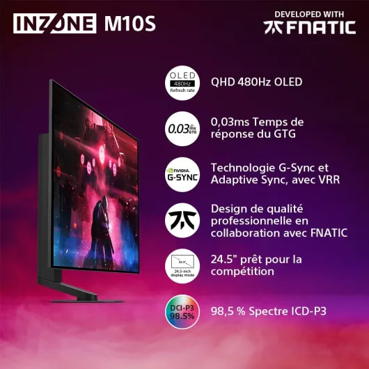 INZONE M10S Moniteur de Jeu OLED QHD 27" : 1440p, 480Hz, 0.03ms GTG, DCI-P3 98,5%, G-Sync, Adaptive Sync, VRR, modèle co-développé avec Fnatic, 1300 nits, DisplayPort 2.1-2 x HDMI 2.1 - PC, PS5