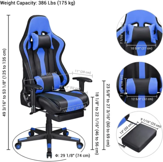 UsmAsk Chaise de Bureau Chaise de Jeu de Course Appui-tête Ergonomique Soutien Lombaire Esport Flux en Direct Chaise de Bureau Chaise de Jeu