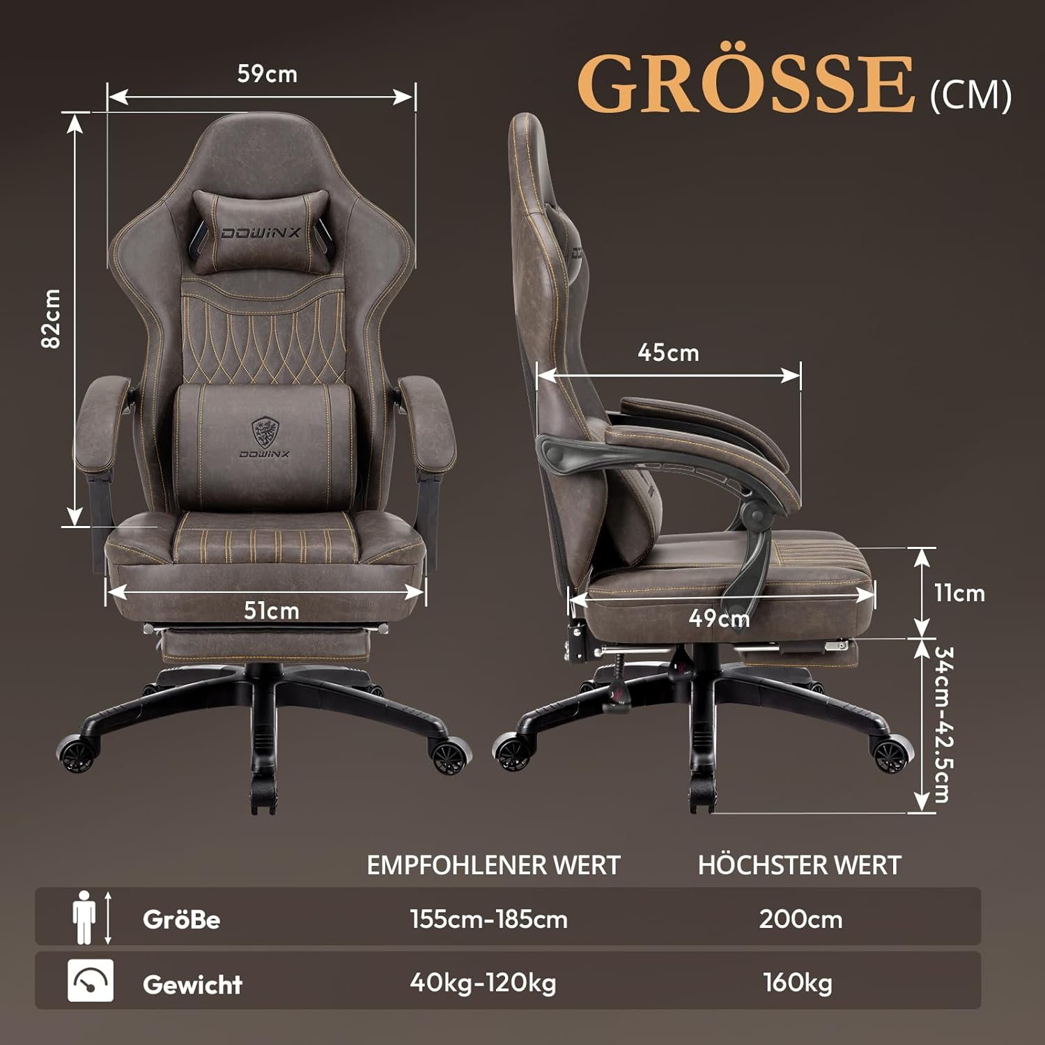 Chaise Gaming, Coussin Plat Large Fauteuil Gamer avec Repose-Pieds, Chaise Gamer avec Support Lombaire, Fauteuil Ergonomique avec Massage, Racing Chaise Réglable pour PC, Marron