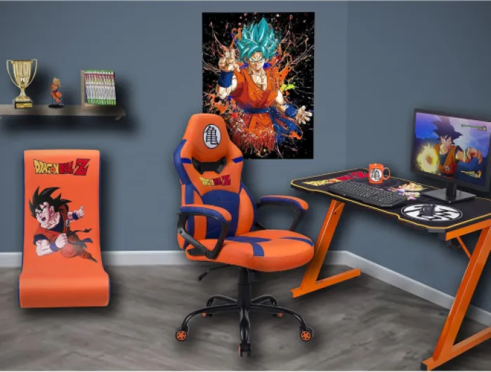 Chaise Gaming Dragon Ball pour Enfant et Ado - Fauteuil de Bureau Ergonomique avec Mousse Haute Densité, Mécanisme à Bascule et Accoudoirs Confortables - Hauteur Réglable - Orange