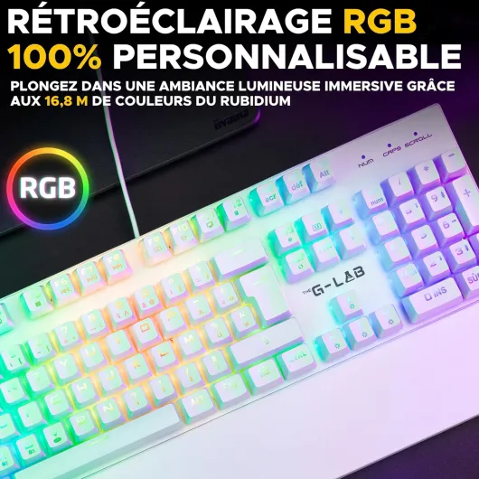 The G-Lab - Keyz Rubidium Blanc - Clavier Mecanique USB, AZERTY, RGB 100% Personnalisable, Anti-Ghosting, Repose-Poignet - Clavier Gamer Blanc, Switch Red Interchangeable - PC, PS4, PS5, Xbox – New