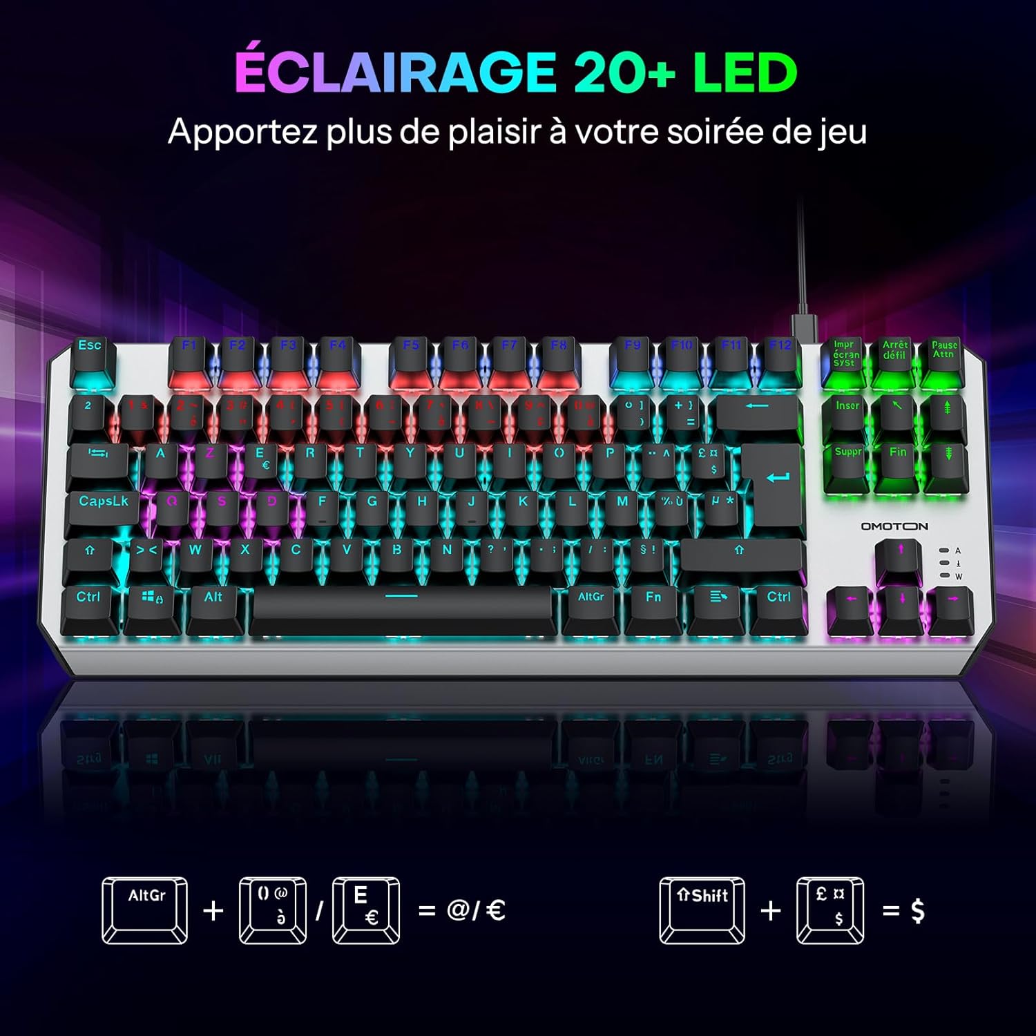 Clavier Gamer Mécanique Filaire USB, 80% TKL Clavier Gaming Mecanique Rétroéclairé avec Switch Rouge, Anti-Ghosting, AZERTY Français pour PC/Windows FR Layout