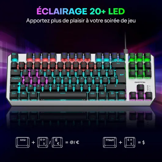 Clavier Gamer Mécanique Filaire USB, 80% TKL Clavier Gaming Mecanique Rétroéclairé avec Switch Rouge, Anti-Ghosting, AZERTY Français pour PC/Windows FR Layout