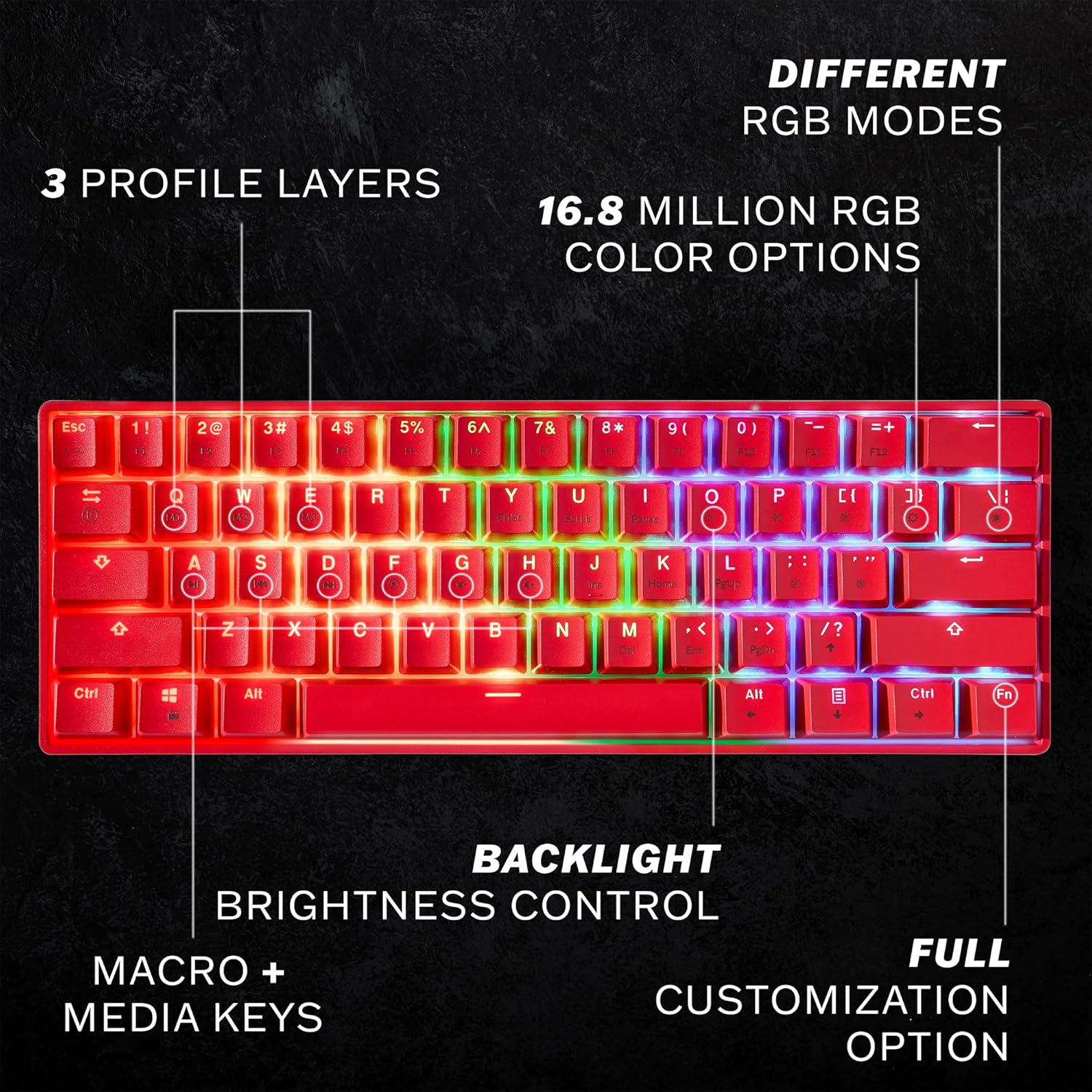 HK Gaming GK61 Mechanical Gaming Keyboard 60 Percent - 61 RGB Rainbow LED Backlit Programmable Keys - USB Wired - for Mac and Windows PC - Hotswap Gateron Optical Yellow Switches - Red