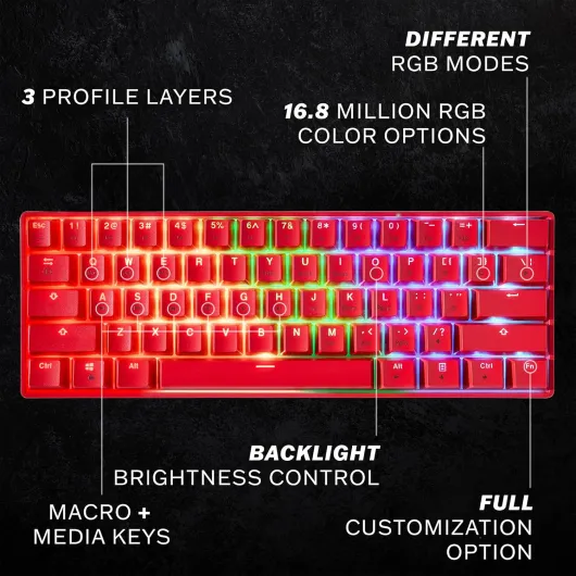 HK Gaming GK61 Mechanical Gaming Keyboard 60 Percent - 61 RGB Rainbow LED Backlit Programmable Keys - USB Wired - for Mac and Windows PC - Hotswap Gateron Optical Yellow Switches - Red