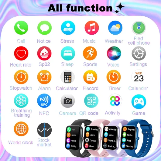 Fitness Tracker Montre Intelligente Sport pour Enfants avec Assistant Vocal d'appels Bluetooth, 100 Modes de Sport, Moniteur de Sommeil, Podomètre pour iOS Android S80-Noir