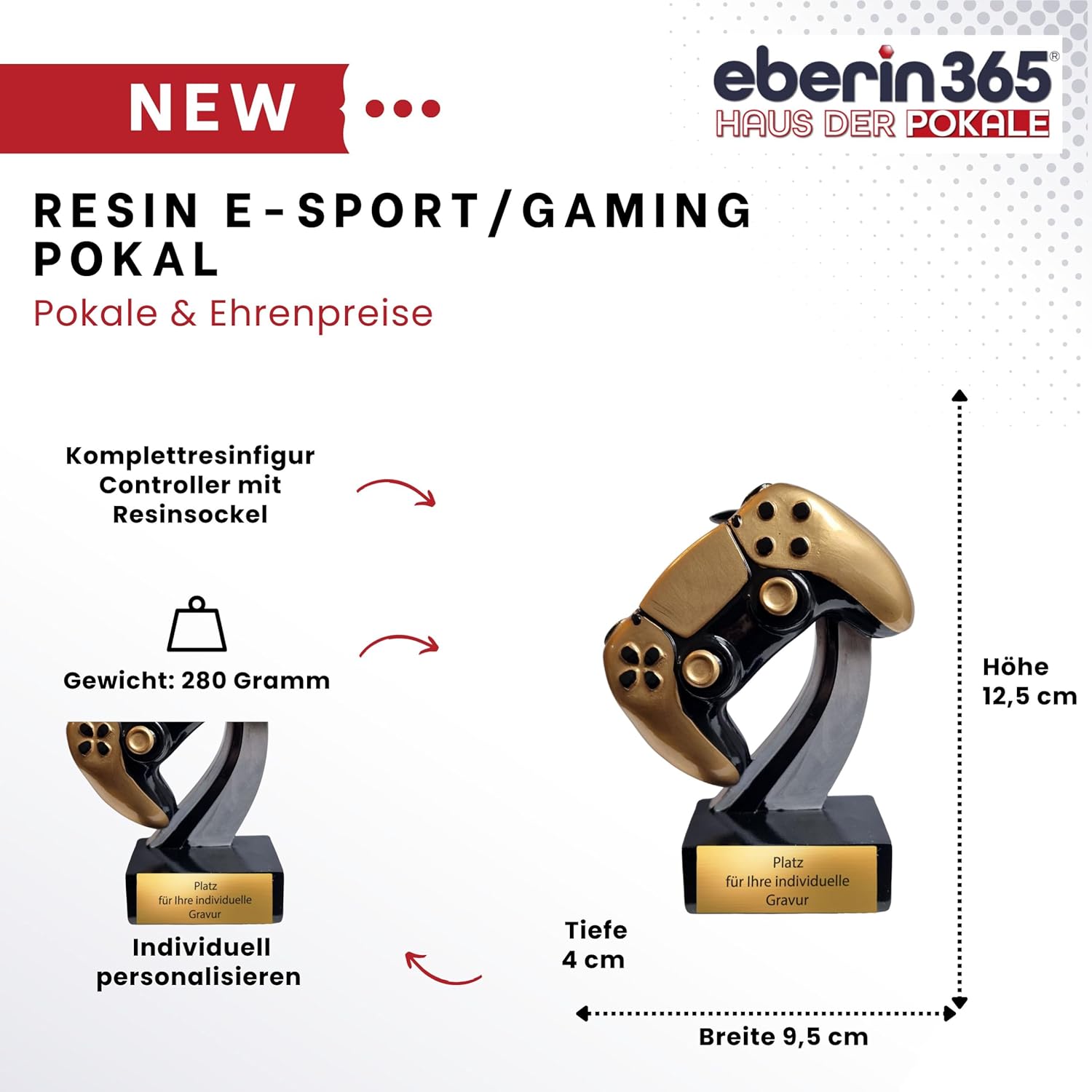 Trophée Gaming E-Sport 12,5 cm en résine - Trophée de contrôleur sur socle - Prix de qualité supérieure avec plaque gravée de 280 g - Idéal pour les tournois LAN Party Teams Streamer Community