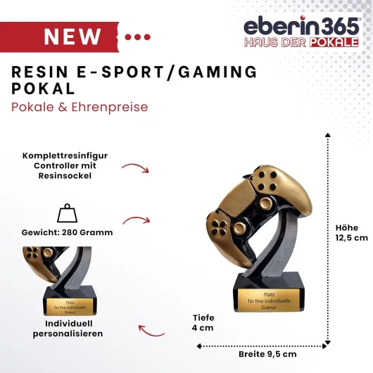 Trophée Gaming E-Sport 12,5 cm en résine - Trophée de contrôleur sur socle - Prix de qualité supérieure avec plaque gravée de 280 g - Idéal pour les tournois LAN Party Teams Streamer Community
