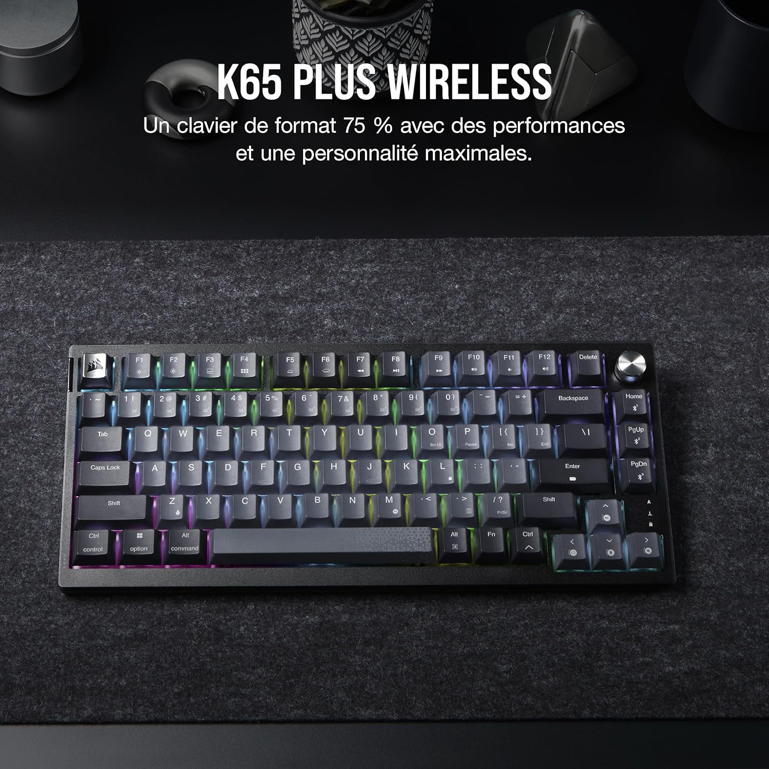 K65 Plus Wireless 75% RGB Mechanical Gaming Clavier – Commutateurs Linéaires MLX Red Pré-Lubrifiés – Keycaps PBT Dye-Sub – Compatible iCUE – PC, PS5, PS4, Xbox – AZERTY FR – Noir/Gris