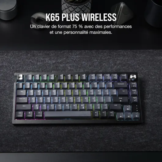 K65 Plus Wireless 75% RGB Mechanical Gaming Clavier – Commutateurs Linéaires MLX Red Pré-Lubrifiés – Keycaps PBT Dye-Sub – Compatible iCUE – PC, PS5, PS4, Xbox – AZERTY FR – Noir/Gris