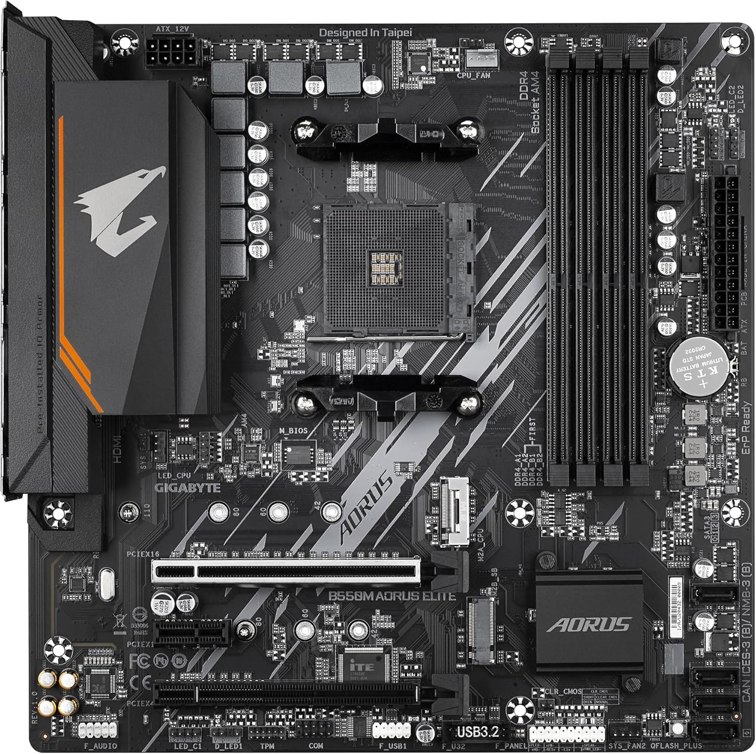 B550M AORUS Elite Carte mère - Processeurs AMD Ryzen 5000, VRM 5+3 Phases, jusqu'à 4733 MHz DDR4, 1xPCIe 4.0 + 1xPCIe 3.0 M.2, LAN 1GbE, USB 3.2 Gen 1