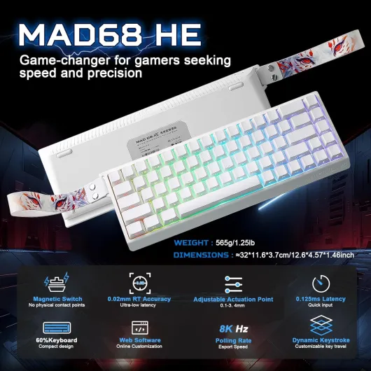 MAD68 HE Clavier Mécanique Gaming, Clavier Filaire 60% avec Commutateurs Magnétiques à Effet Hall, Rapid Trigger 8000Hz, Hot Swap, RGB, Capuchons en PBT (White, Magnetic Switch) White Magnetic switch