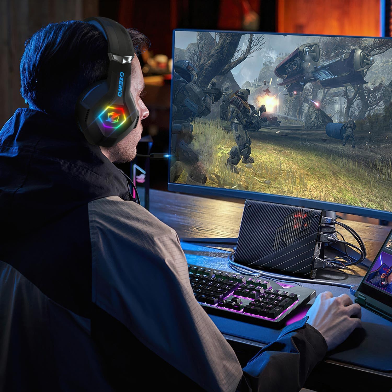 Ozeino Casque Gaming pour Ps5 PC Ps4, Casque Gamer pour Micro RGB 7 Couleurs Transducteurs 50mm Stéréo Basse Micro Anti-Bruit Réglable Compatible avec Switch Xbox Series X & S-Bleu Noir Bleu Nior