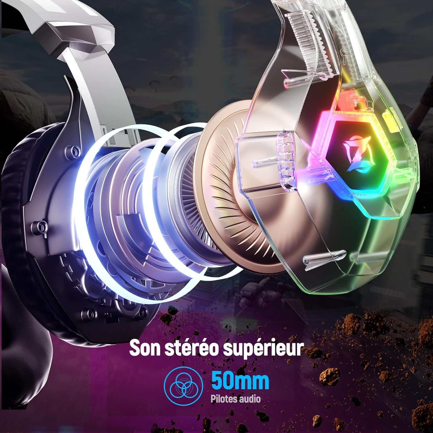 Ozeino Casque Gaming pour Ps5 PC Ps4, Casque Gamer pour Micro RGB 7 Couleurs Transducteurs 50mm Stéréo Basse Micro Anti-Bruit Réglable Compatible avec Switch Xbox Series X & S-Blanc