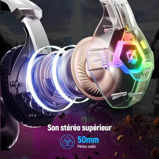Ozeino Casque Gaming pour Ps5 PC Ps4, Casque Gamer pour Micro RGB 7 Couleurs Transducteurs 50mm Stéréo Basse Micro Anti-Bruit Réglable Compatible avec Switch Xbox Series X & S-Blanc