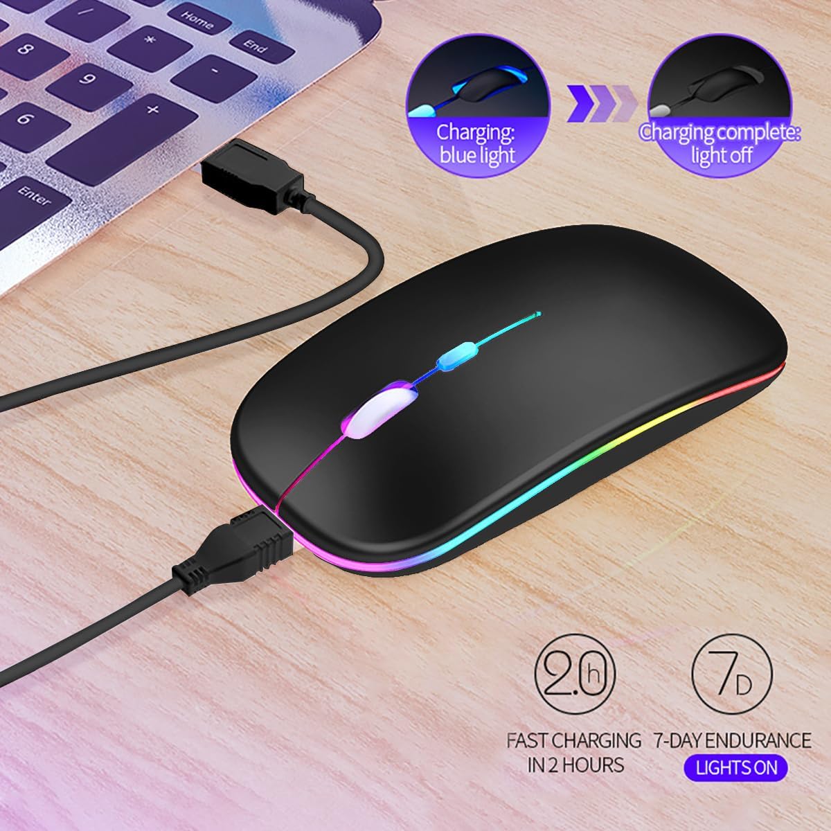 Vinmooog Souris sans Fil Rechargeable Souris Bluetooth Ergonomique,Souris Gamer Ordinateur 3DPI silencieuse rétroéclairée de 7Couleurs avec récepteur USB 2,4 GHz (Noir)