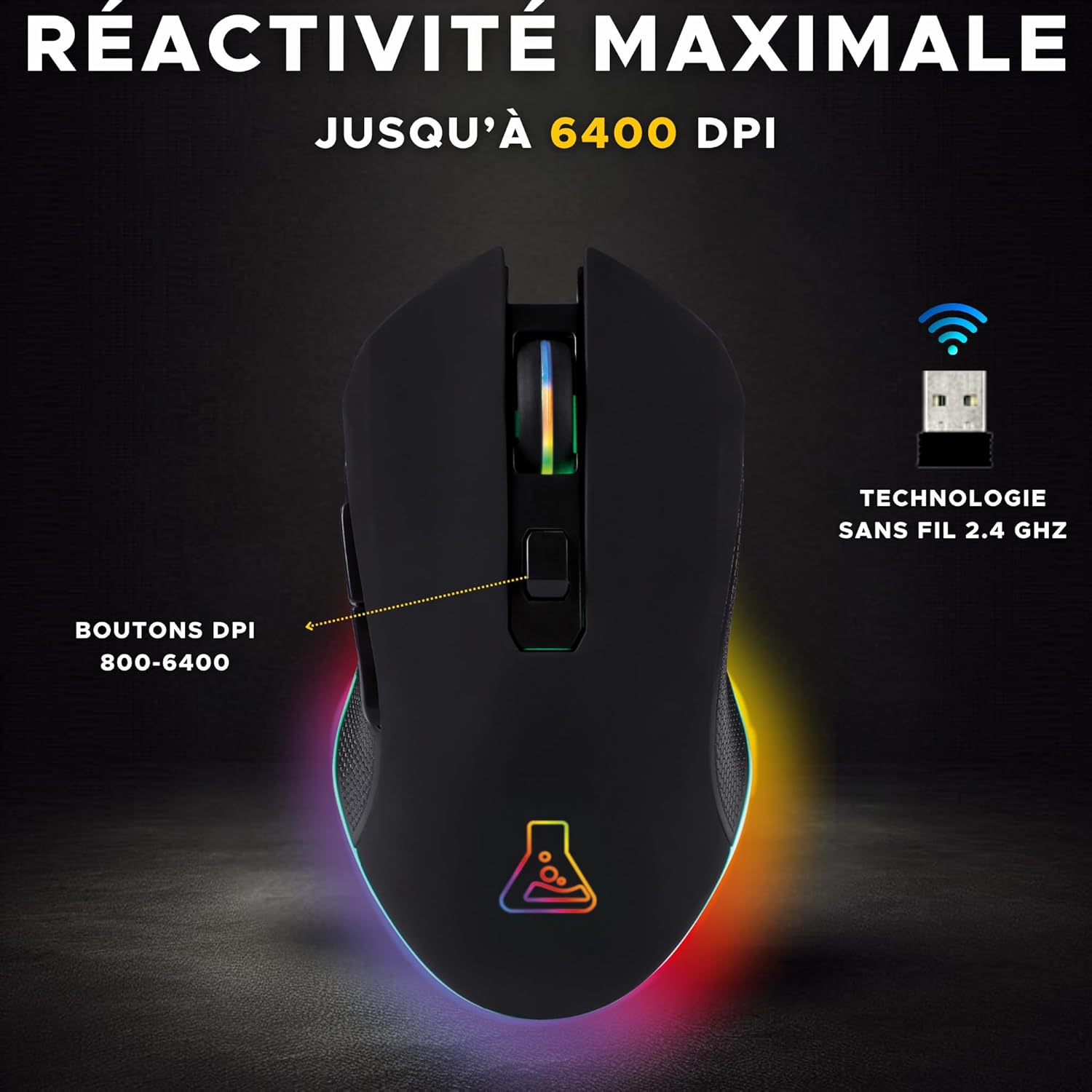 The G Lab - Kult Helium Souris Gamer Sans Fil Pc Gamer, Souris Gaming Bluetooth Rechargeable 6400 DPI, Retroeclairé 7 Couleurs, éclairage RGB Pour PC/PS5/Xbox Sans Fil Noir