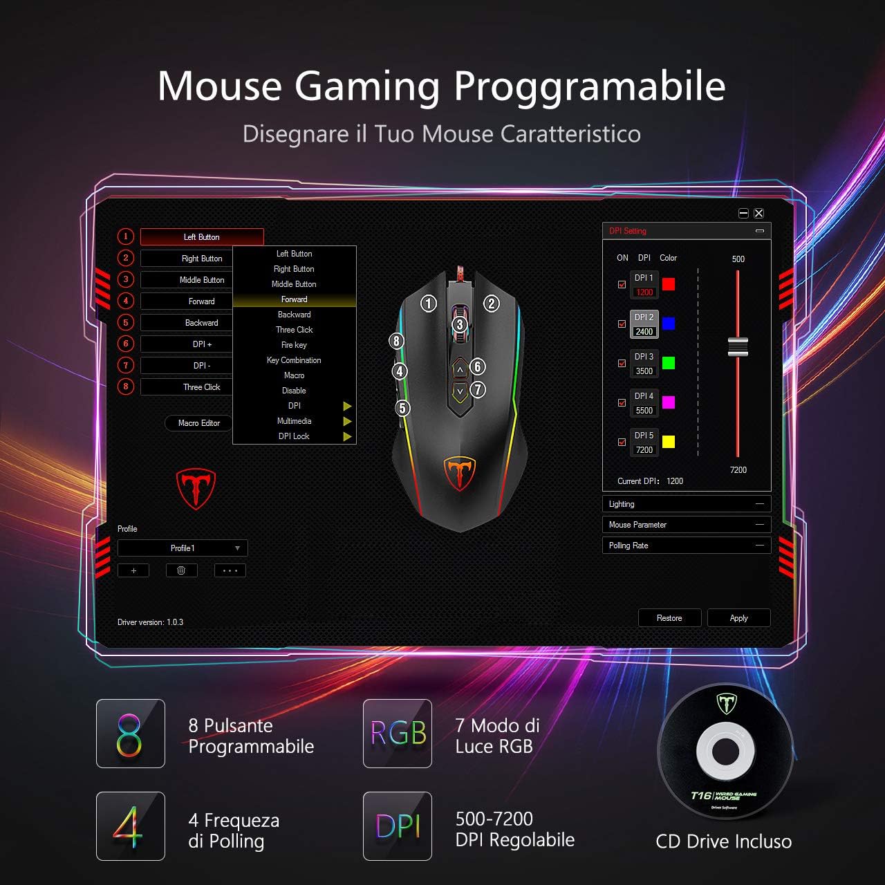 USB Souris Gamer Filaire Haute Performance,Souris Gaming avec 7200 DPI Ajustable, RVB, 8 Boutons Programmables,Ergonomie,PC/Mac - Noire
