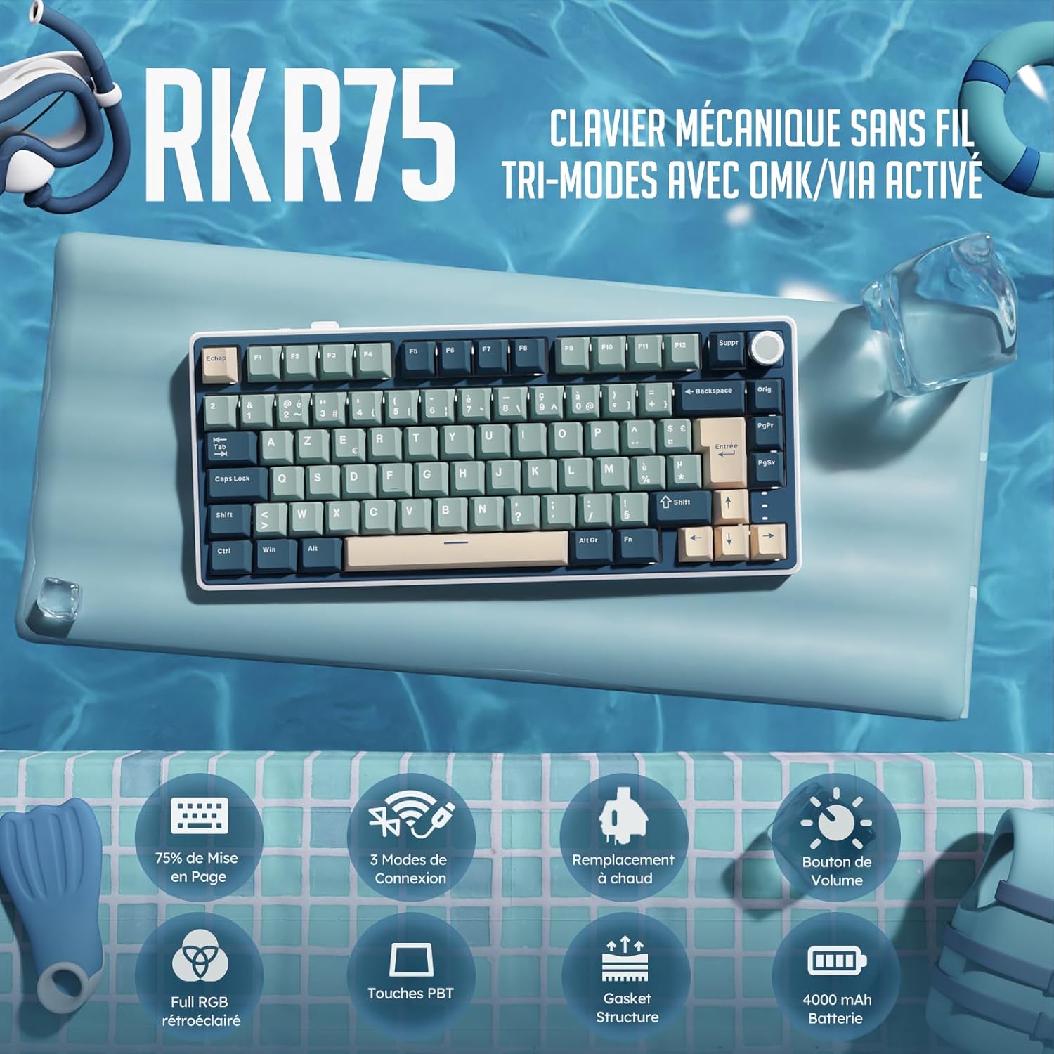R75 Clavier Gamer Tir Mode Gasket Mounted, sans Fil Mécanique RVB, AZERTY Français avec Knob, TKL 75% Hot Swap QMK/Via, PBT Keycaps, Creamy Switch Bleu