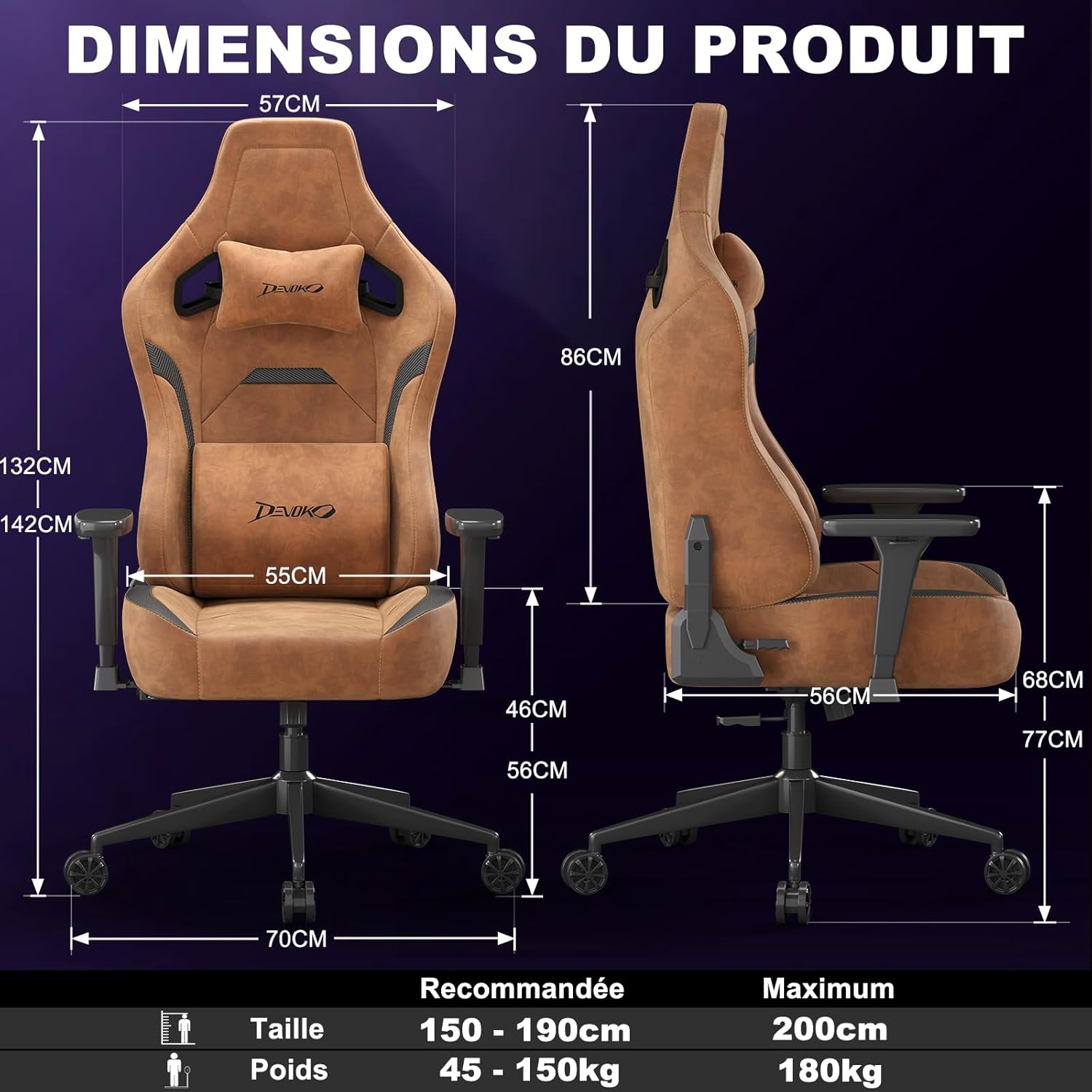 Chaise Gaming Ergonomique Suédine Douce Respirante, Grand Coussin Lombaire Réglable, Dossier Inclinable 90°–135°, Accoudoirs 3D, Fauteuil Gamer Haut de Gamme, Marron Cognac Marron Cognac Suédine