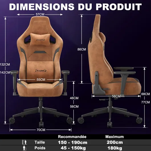 Chaise Gaming Ergonomique Suédine Douce Respirante, Grand Coussin Lombaire Réglable, Dossier Inclinable 90°–135°, Accoudoirs 3D, Fauteuil Gamer Haut de Gamme, Marron Cognac Marron Cognac Suédine