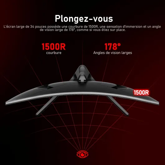 Écran PC Ultra Large 34 Pouces 1500R incurvé 180Hz Gaming Computer Moniteur,21:9 UWQHD(3440x1440)，128% sRGB，FreeSync，HDR，178 ° Angle Vue，DisplayPort、HDMI，VESA 75 * 75MM-Noir 34 Pouces noir