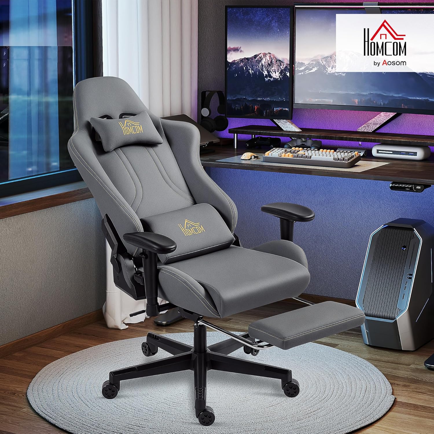 Chaise Gaming Ergonomique avec accoudoirs réglables, Fauteuil Gamer en suède avec Dossier inclinable, Hauteur réglable, Repose-Pieds, Appui-tête, Soutien Lombaire et pivotant à 360°, Gris