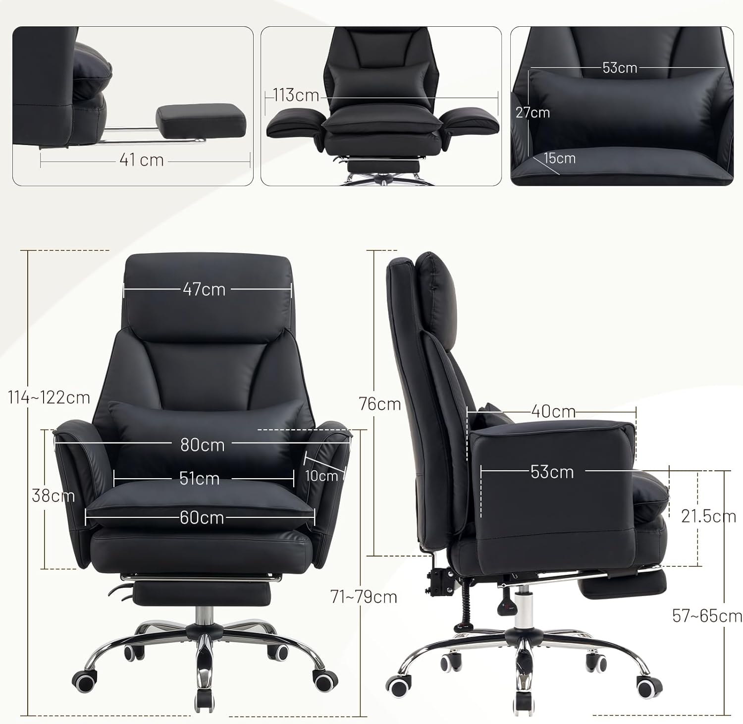 Chaise de Bureau avec Accoudoirs Réglables sur 5 Niveaux, Fauteuil de Bureau Ergonomique avec Repose-Pieds et Soutien Lombaire, Chaise Gaming à Hauteur Réglable en Cuir PU 200kg, Noir Noir Lot de 1