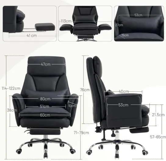 Chaise de Bureau avec Accoudoirs Réglables sur 5 Niveaux, Fauteuil de Bureau Ergonomique avec Repose-Pieds et Soutien Lombaire, Chaise Gaming à Hauteur Réglable en Cuir PU 200kg, Noir Noir Lot de 1
