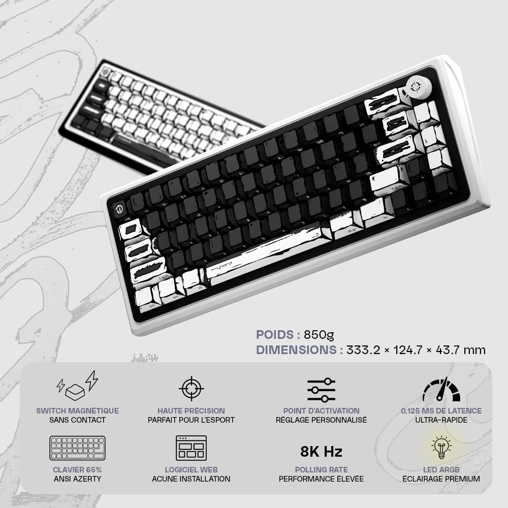 Clavier Magnétique Gaming Celshading Noir, Clavier Filaire 65% avec Commutateurs Magnétiques à Effet Hall, Rapid Trigger 8000Hz, Hot Swap, ARGB, USB-C FR Layout AZERTY Français