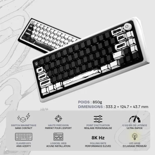 Clavier Magnétique Gaming Celshading Noir, Clavier Filaire 65% avec Commutateurs Magnétiques à Effet Hall, Rapid Trigger 8000Hz, Hot Swap, ARGB, USB-C FR Layout AZERTY Français