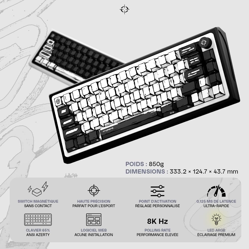 Celshading Blanc – Clavier Magnétique Gaming 65% - Switchs Hall Effect Ultra-Réactifs 8000 Hz - ARGB Personnalisable - Layout Français AZERTY avec knob