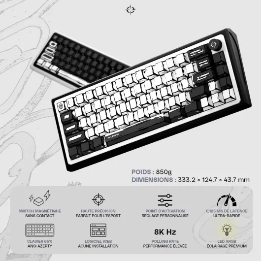 Celshading Blanc – Clavier Magnétique Gaming 65% - Switchs Hall Effect Ultra-Réactifs 8000 Hz - ARGB Personnalisable - Layout Français AZERTY avec knob
