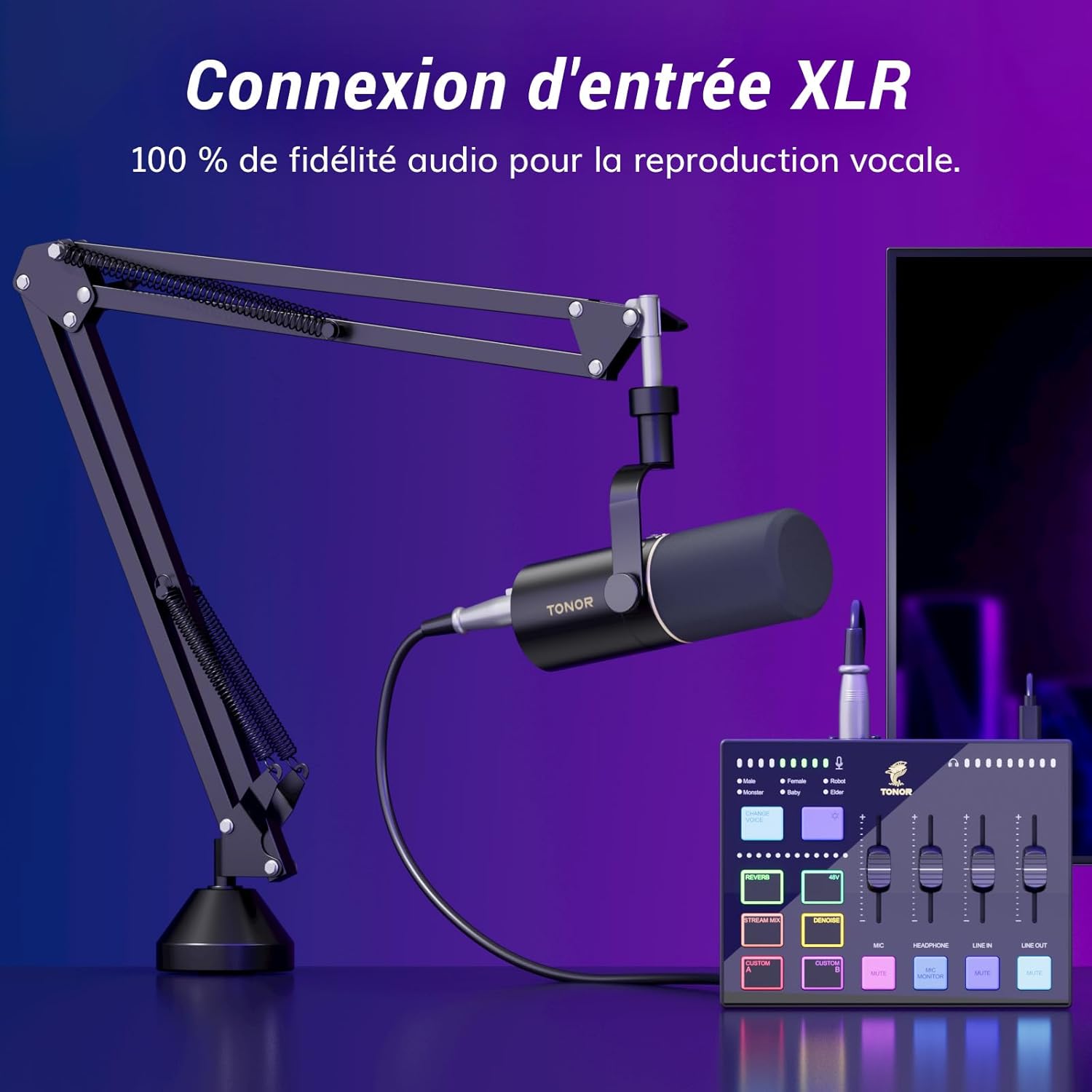 Ensemble D'équipements de Podcast, Micro Cardioïde Dynamique USB/XLR et Mixeur Audio pour PC, Microphone de Studio pour Podcasting, Gaming, Streaming, Enregistrement Vocal, E7 Micro et interfaces audio Noir