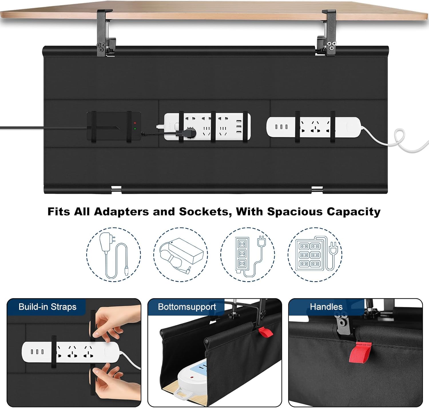 Range Cable Bureau 90cm, Rangement Cable Management Bureau Sans Perçage, Support Multiprise Sous Bureau en Tissu Oxford Solide, Chemin de Câble avec Attache Adhésif pour Maison Gaming PC Gamer