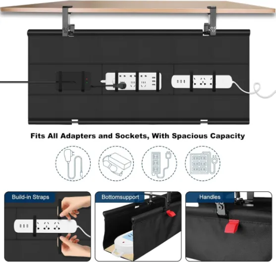 Range Cable Bureau 90cm, Rangement Cable Management Bureau Sans Perçage, Support Multiprise Sous Bureau en Tissu Oxford Solide, Chemin de Câble avec Attache Adhésif pour Maison Gaming PC Gamer