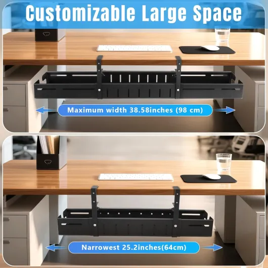 Cable Management Bureau, Rack à Câbles Métallique Extensible 64-98 cm, Range Cable et Installation sans Perçage