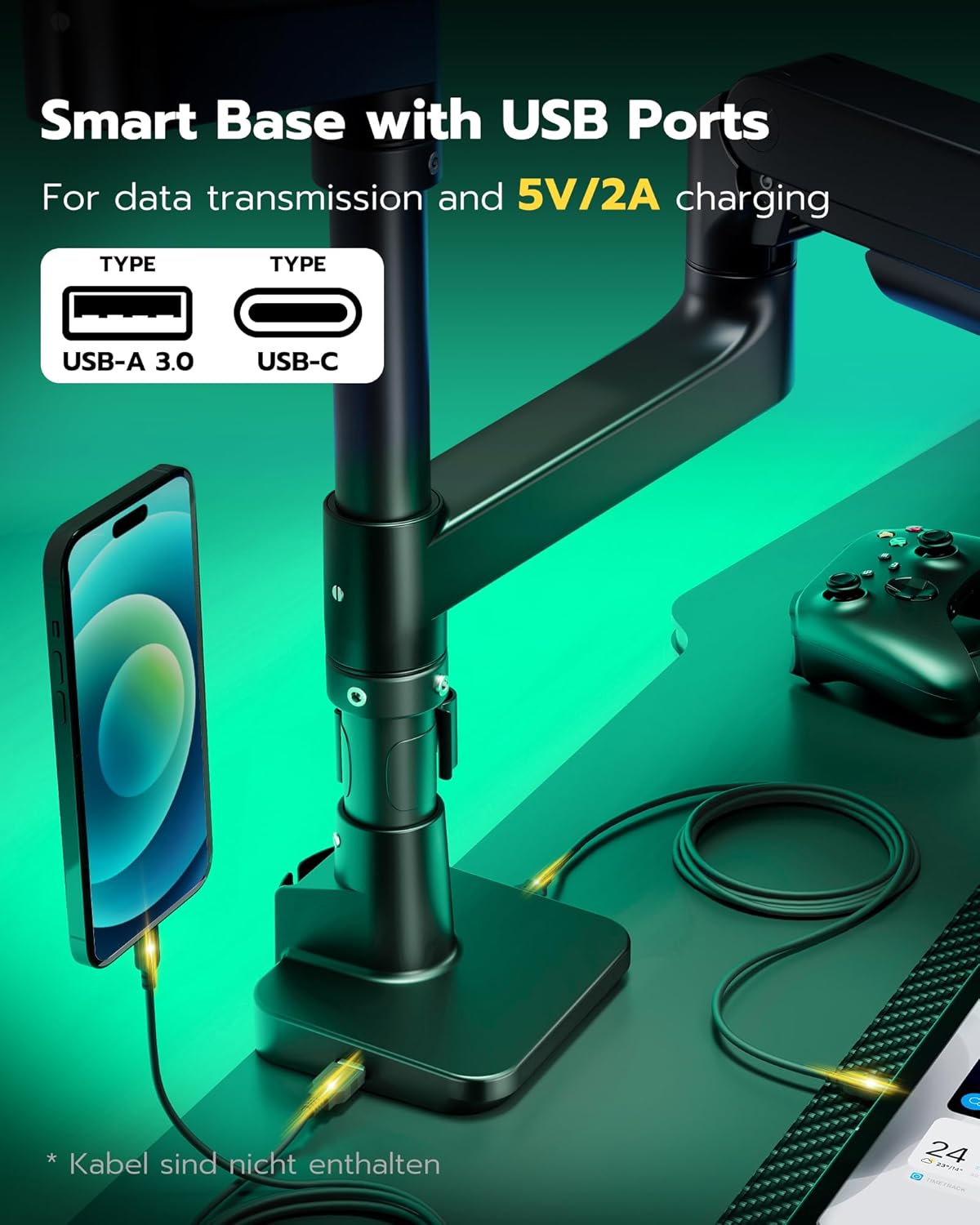 ARES WING Support Double Écran PC pour Moniteurs 17-49 Pouces avec Port USB A/C, Long et Réglable en Hauteur, Inclinaison, Pivot et Rotation, Charge Maximale 20kg，VESA 75/100, Noir
