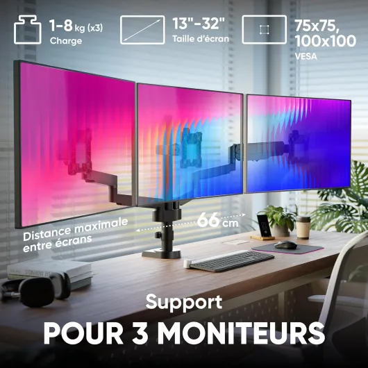 Support Ecran PC 3 Ecran 13-32 Pouces, Support Triple Ecran Poids de 8 kg Chacun, Bras Ecran PC 3 Ecrans VESA 75x75 & VESA 100x100, Bras Articulé pour Écran Bureau Plein Mouvement Noir G280-B G280-B Noir