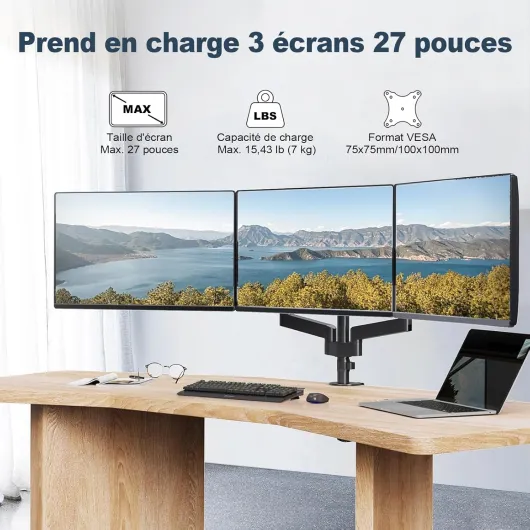 Support Ecran PC 3 Ecran, Premium Bras Articulé Ressort pour Triple Ecran 17-27", Hauteur Réglable Inclinaison Pivot et Fixation Bureau, Bras Supporte 7 kg, VESA 75/100mm WLMA16-3