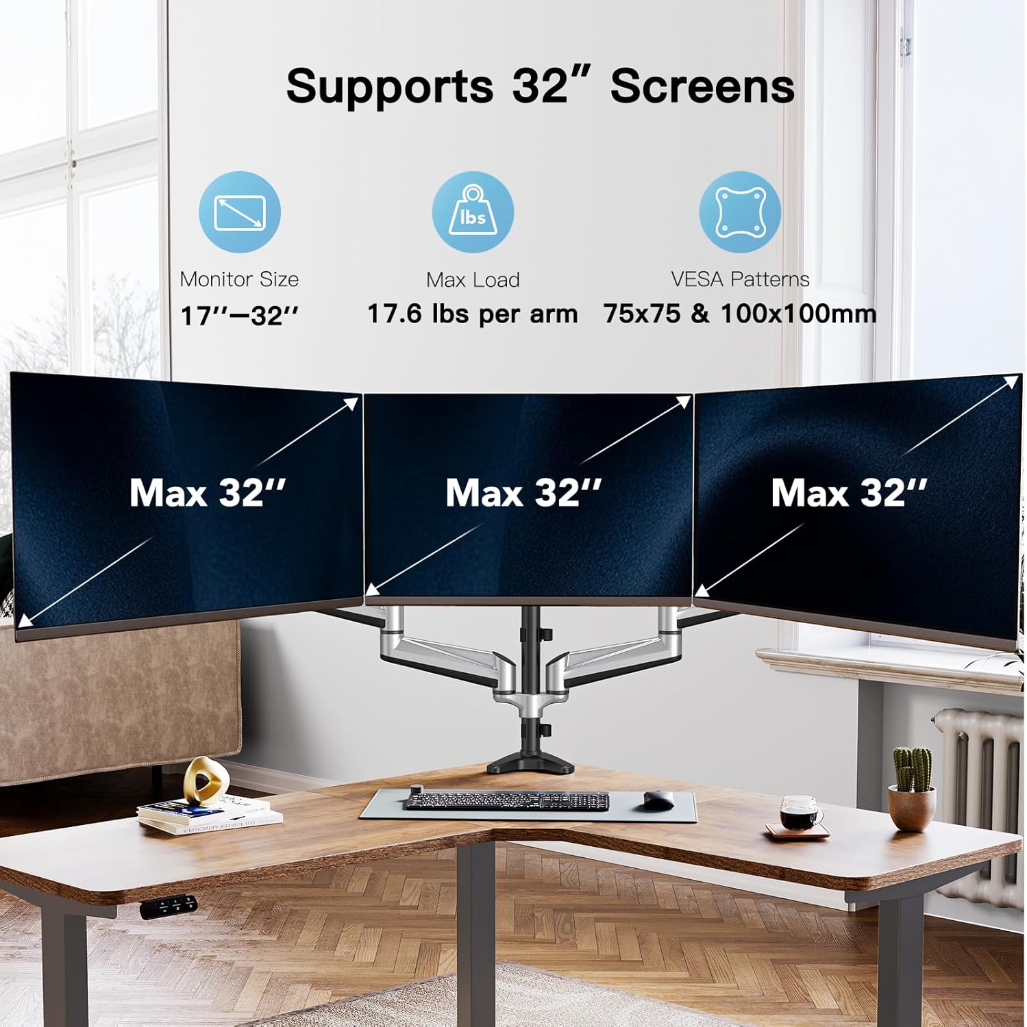 Support Triple Ecran de 13 à 32 Pouces, Bras de Moniteur, Support de Moniteur à Ressort à Gaz, Support 3 Ecran Pc, Capacité de Poids de 8 kg par Bras Gaming Argenté.
