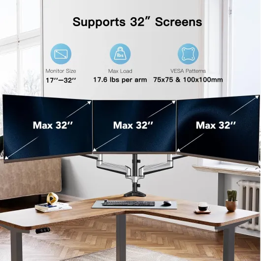 Support Triple Ecran de 13 à 32 Pouces, Bras de Moniteur, Support de Moniteur à Ressort à Gaz, Support 3 Ecran Pc, Capacité de Poids de 8 kg par Bras Gaming Argenté.