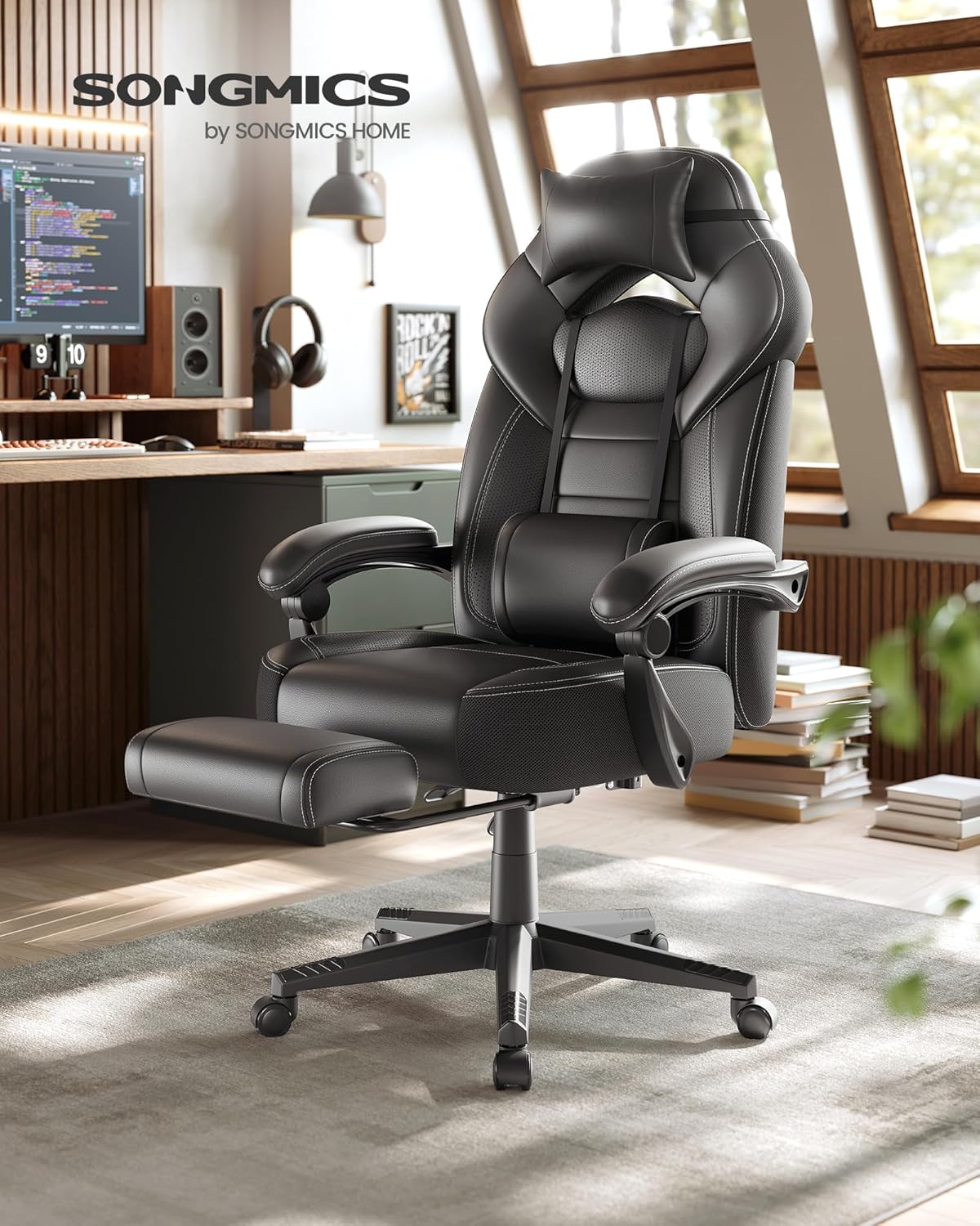 Chaise de Jeu, Chaise d'Ordinateur, Ergonomique, avec Repose-Pieds, Coussin de Tête Ajustable, Support Lombaire, Capacité de Charge de 150 kg, Noir OBG077B01