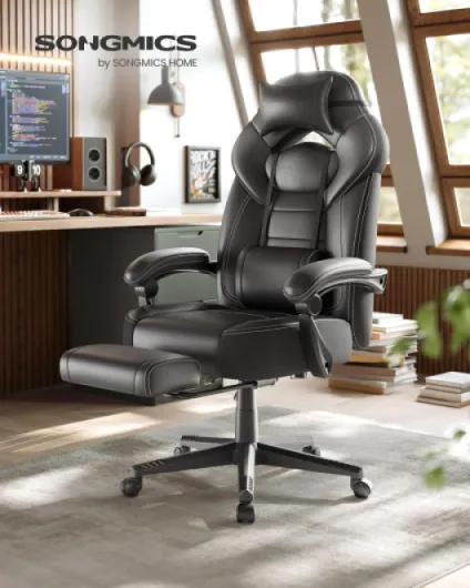 Chaise de Jeu, Chaise d'Ordinateur, Ergonomique, avec Repose-Pieds, Coussin de Tête Ajustable, Support Lombaire, Capacité de Charge de 150 kg, Noir OBG077B01