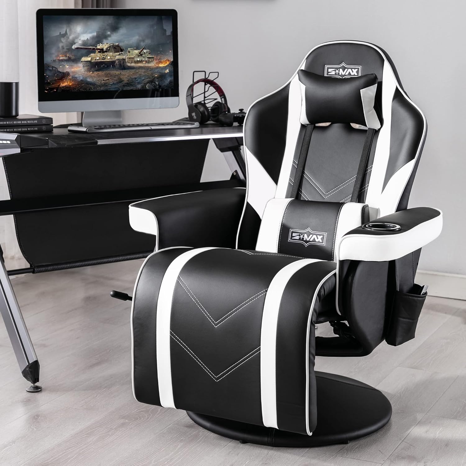 S*MAX Chaise Gaming avec Dossier Fauteuil Gaming Plus Haut et Support Lombaire Plus Large Chaise Gamer en Cuir PU avec Dossier et Repose-Pieds réglables Porte-gobelet Siege Gaming Blanche Large Large Blanc